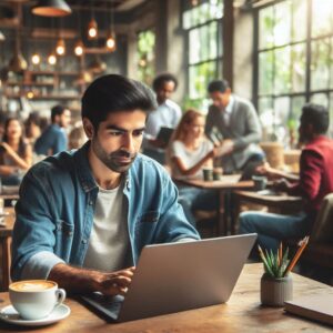 A self-employed man working on his laptop, exploring options for a health savings account for self-employed individuals