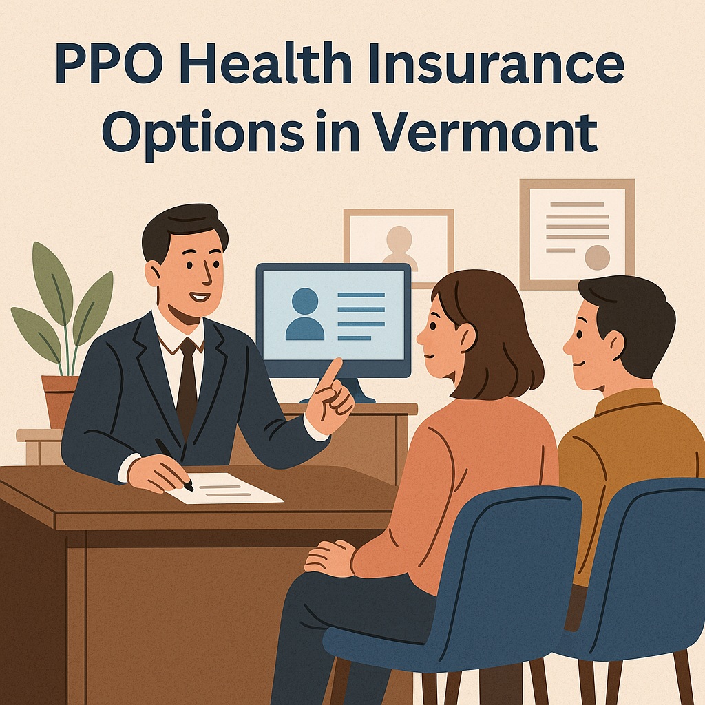 Couple consulting a health insurance broker about PPO health insurance options in Vermont