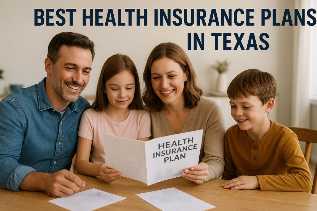 Smiling Texan family reviewing health insurance plan brochures at their kitchen table.