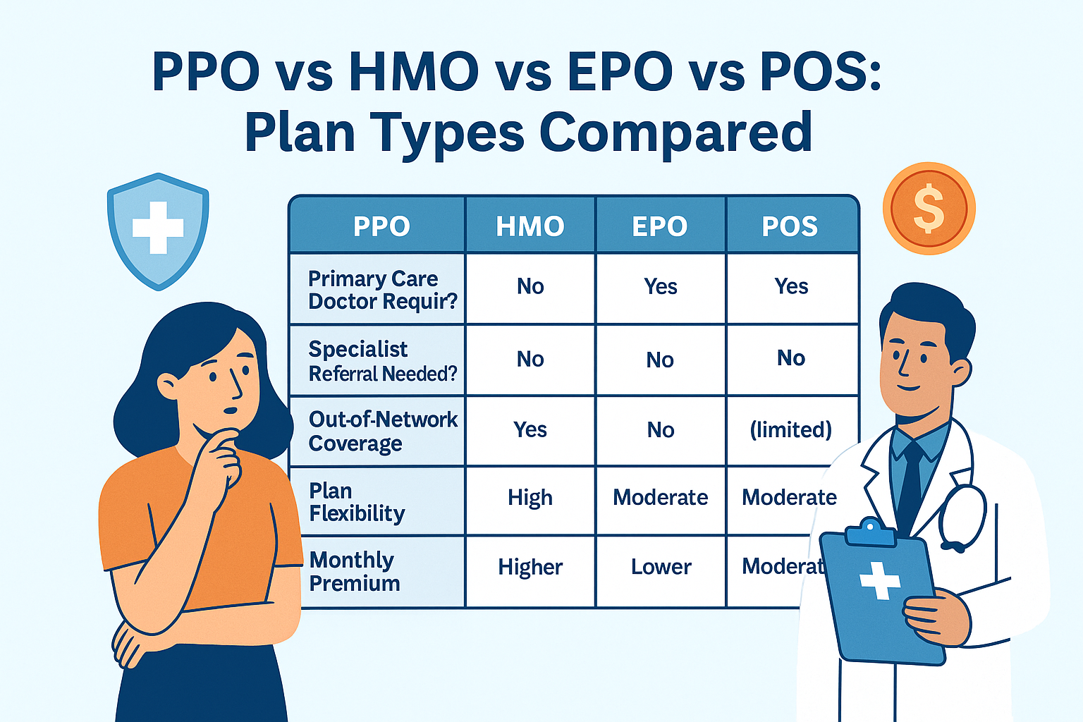 Visual comparison of PPO, HMO, EPO, and POS plan features.