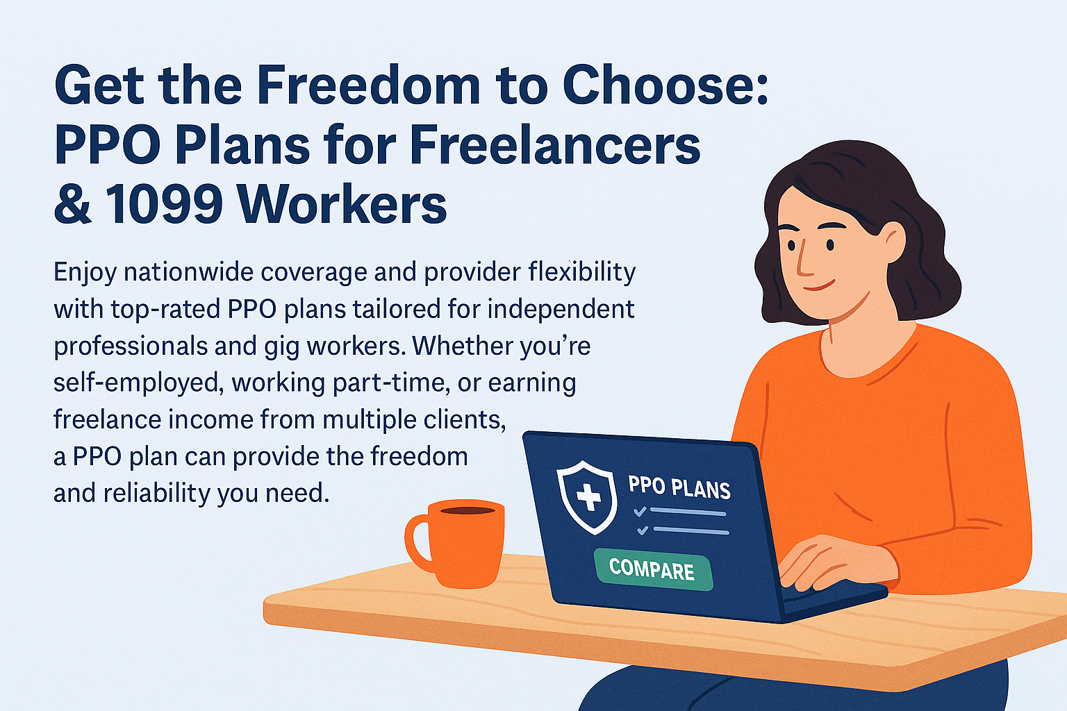 Freelancer researching PPO health insurance on a laptop