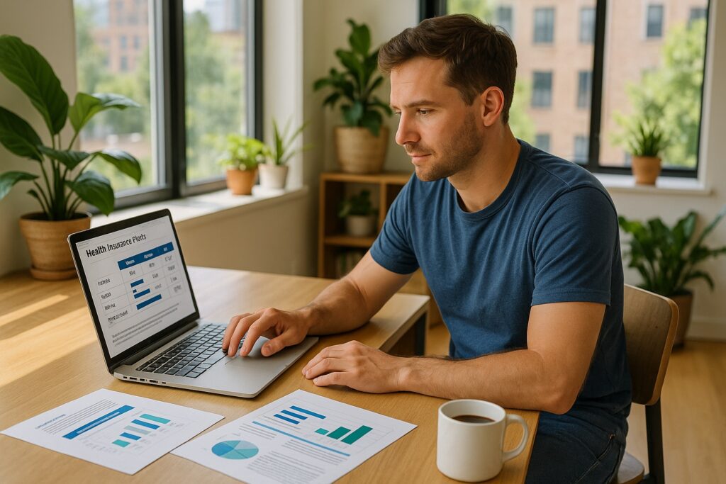 Self-employed Texan comparing plan options on a laptop