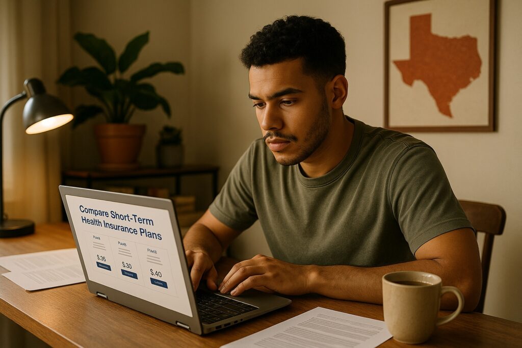 Young Texan comparing short-term insurance plans on a laptop