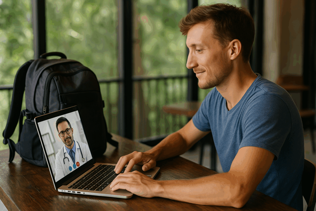 Man in blue shirt video calling a doctor on his laptop at a table with a backpack beside him