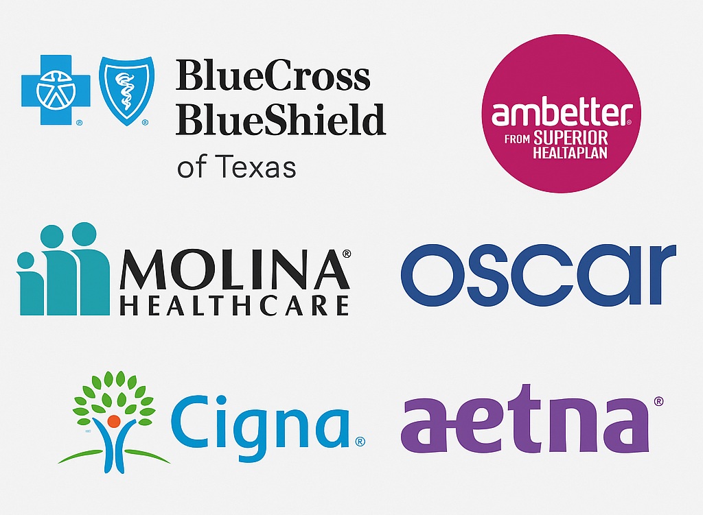 Major health insurance carriers in Texas: logos of BCBS, Ambetter, Molina, Oscar, etc.