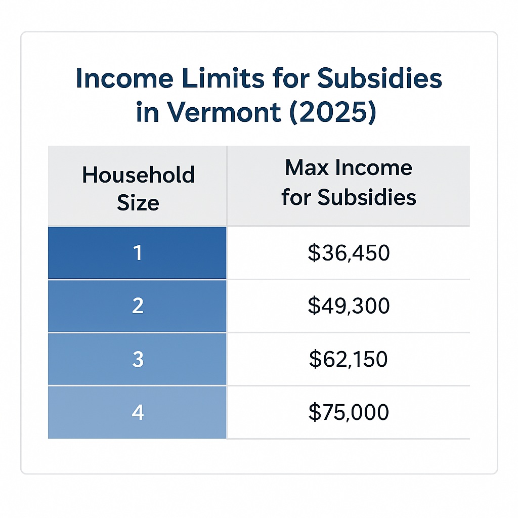 Chart showing income limits for subsidies in Vermont