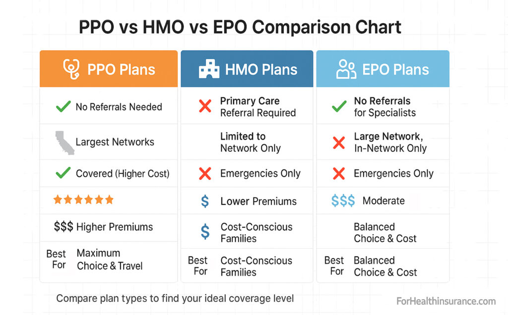 PPO vs HMO vs EPO Comparison - Coverage flexibility, network size, referral requirements, and cost differences