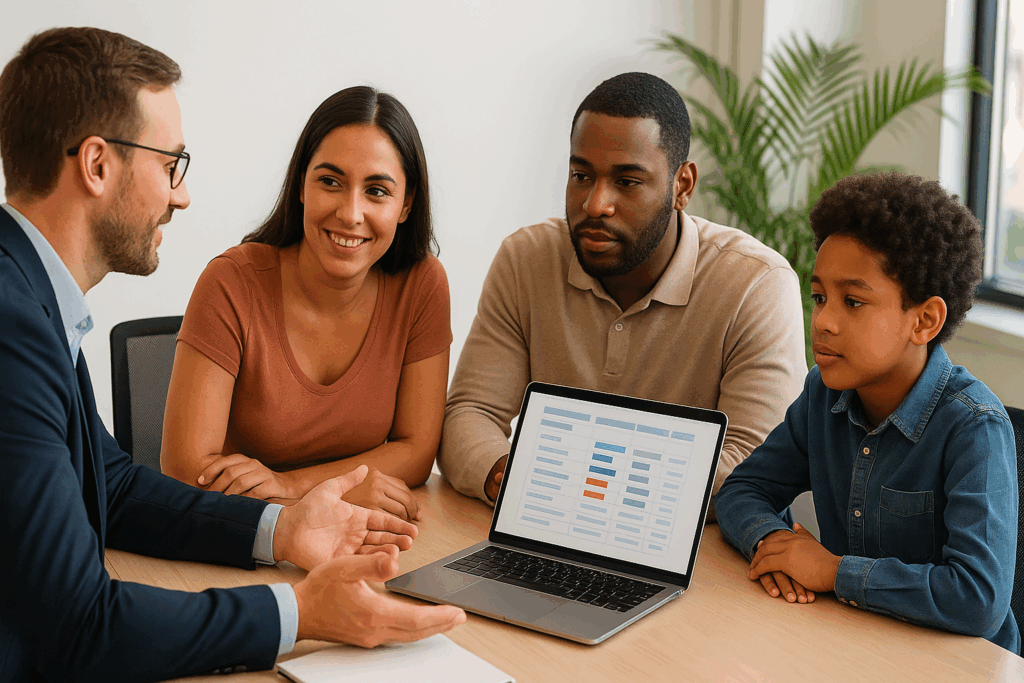 Licensed insurance broker meeting with Florida family to discuss health insurance carrier options including Florida Blue and alternatives (NO company logos or branded materials)
