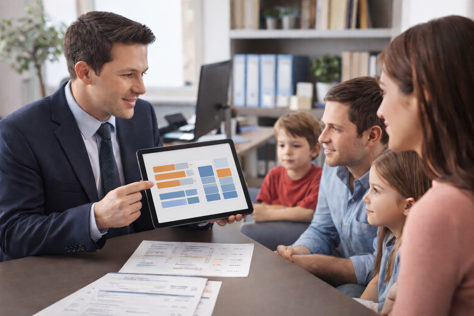 Licensed agent helping Illinois family of four review affordable family health insurance options showing household subsidy calculations and coverage for all family members in welcoming consultation