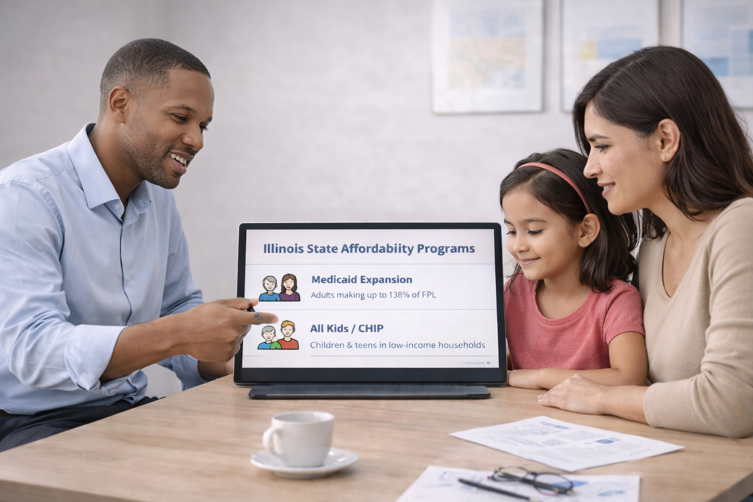 Professional specialist explaining Illinois state affordability programs including Medicaid expansion and All Kids to family using informative charts showing eligibility and coverage details