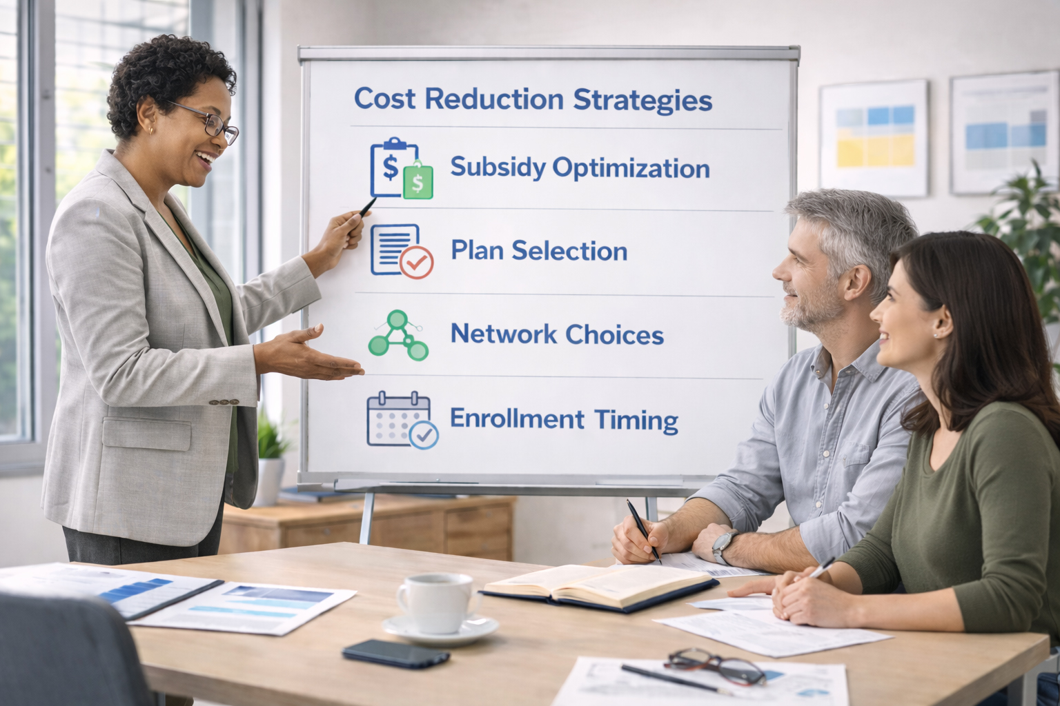 Insurance specialist presenting cost reduction strategies to Illinois couple on whiteboard showing subsidy optimization, plan selection, network choices, and timing strategies in professional consultation