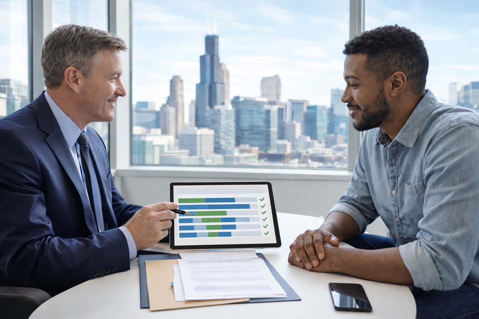 Insurance broker conducting systematic comparison of multiple Illinois health insurance carriers with client