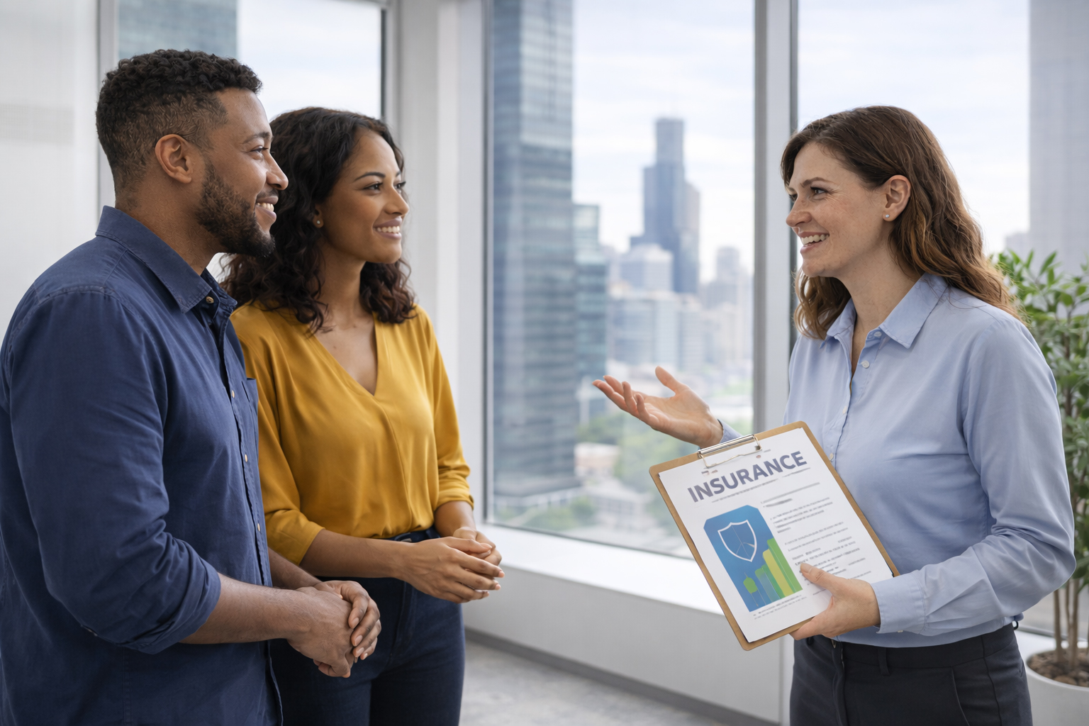 Expert insurance specialist guiding client through personalized health insurance selection process in modern Illinois office