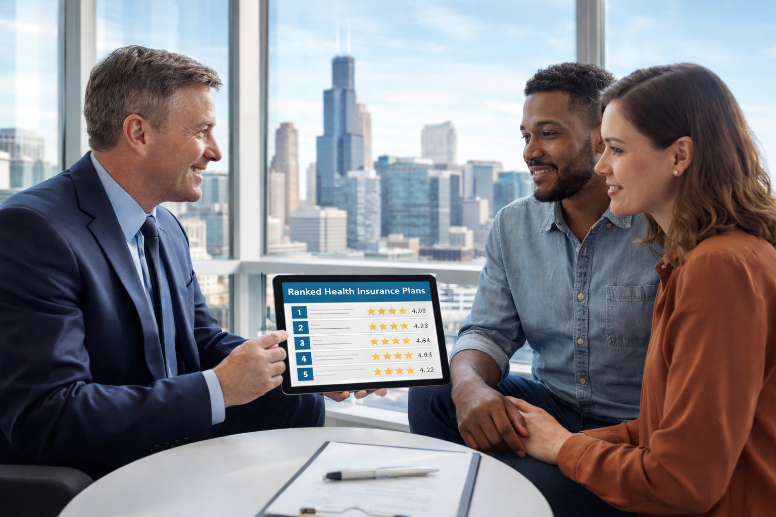 Insurance specialist showing Illinois couple top-ranked health insurance plans with professional evaluation criteria in Chicago office