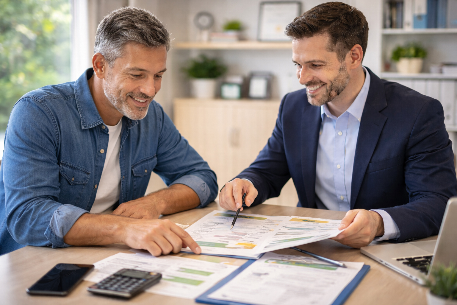 Licensed agent providing one-on-one consultation to Illinois resident, reviewing budget-friendly coverage options with multiple plan documents organized on desk in collaborative atmosphere