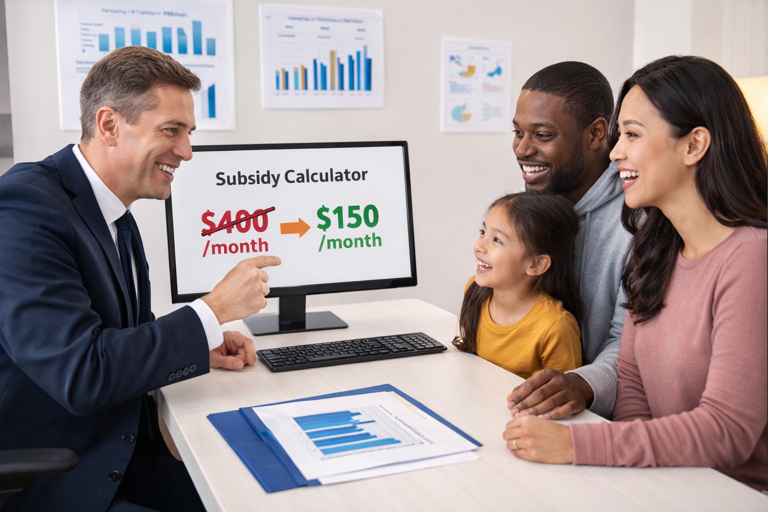 Insurance specialist helping Illinois family review affordable health insurance subsidy options on computer showing significant cost reductions in welcoming office with charts displaying savings potential