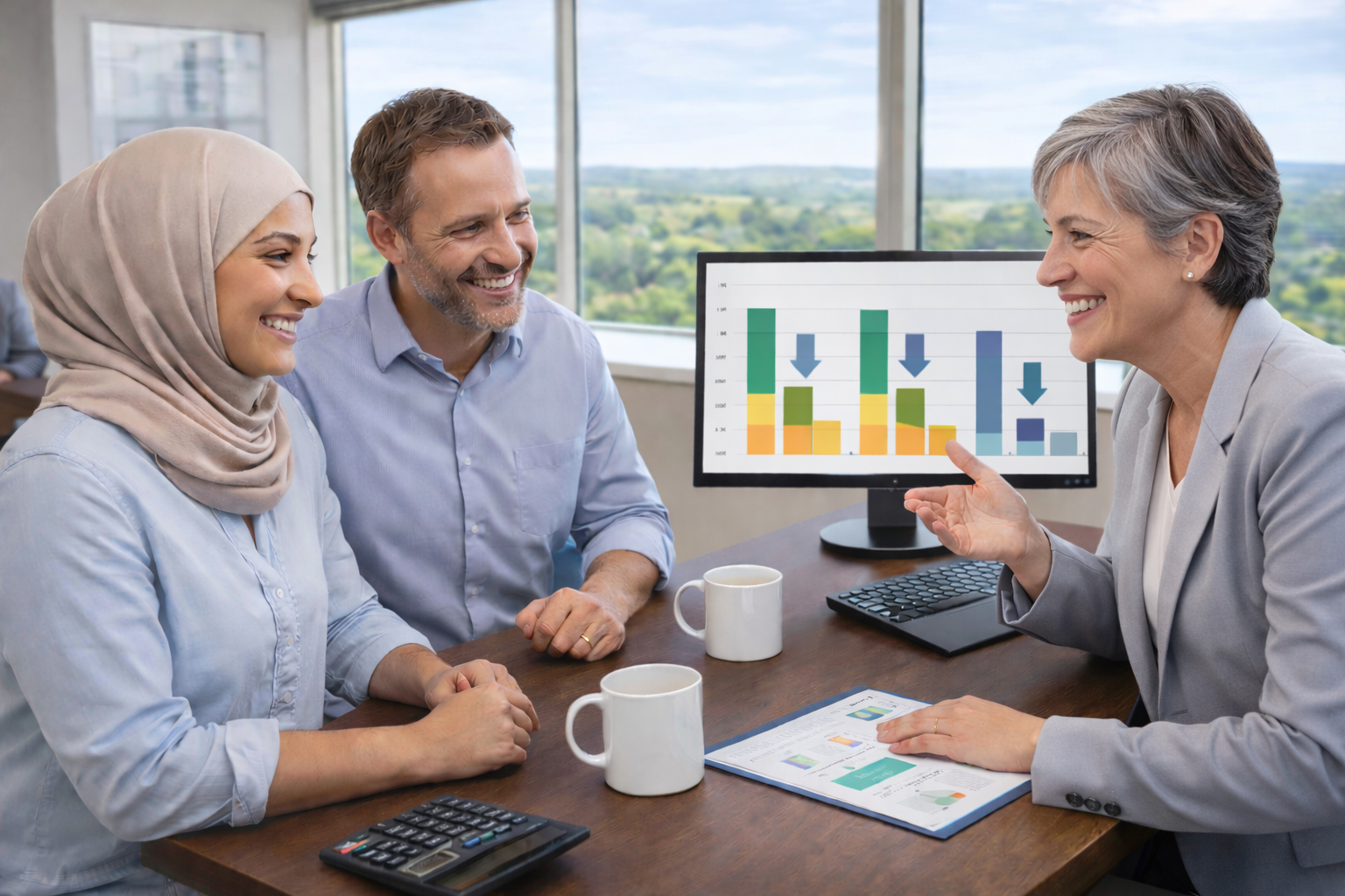 Insurance specialist helping Illinois couple calculate total health insurance costs including premiums, deductibles, and potential subsidies on computer