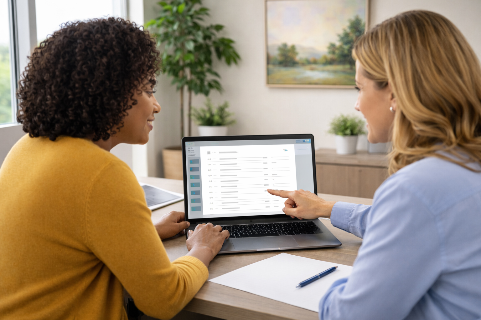 A health insurance specialist reviewing information on a laptop with a client and pointing to options on the screen during a consultation