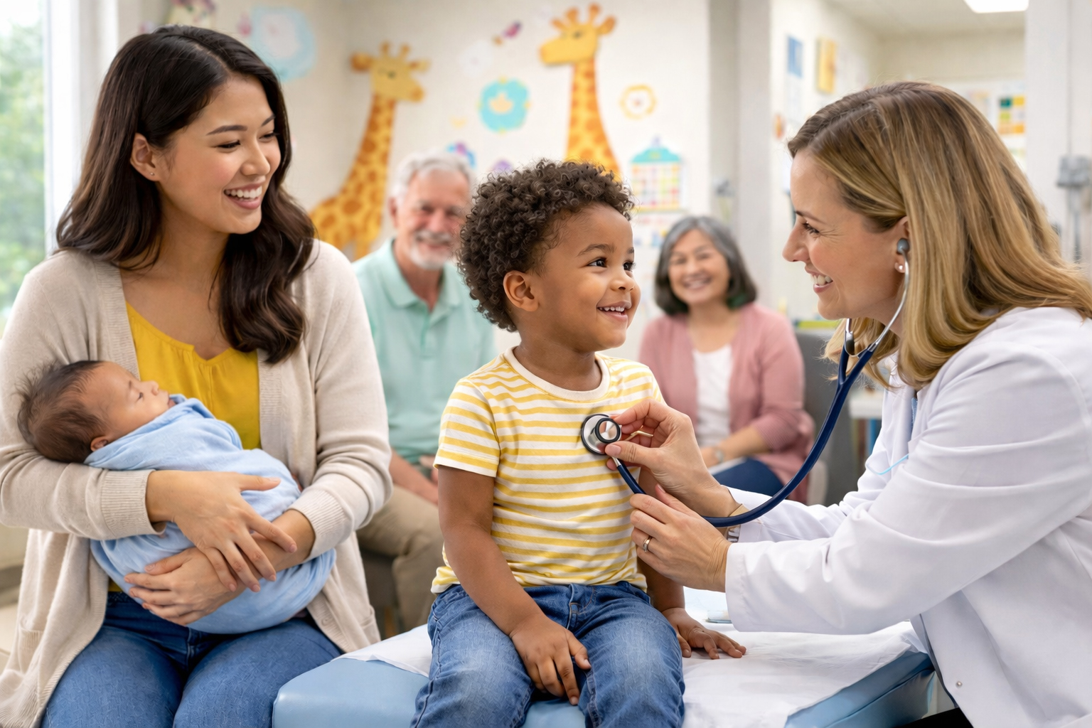 Pediatrician examining a young child during a clinic visit while a mother holds a newborn, with family members seated in the background