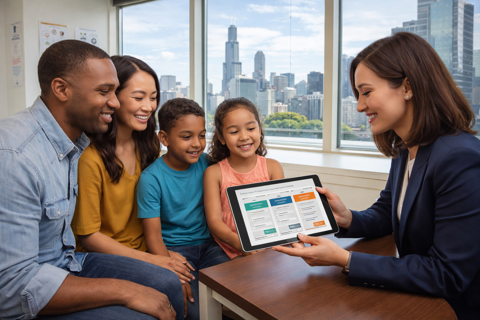 Diverse family meeting with health insurance agent in Chicago medical office