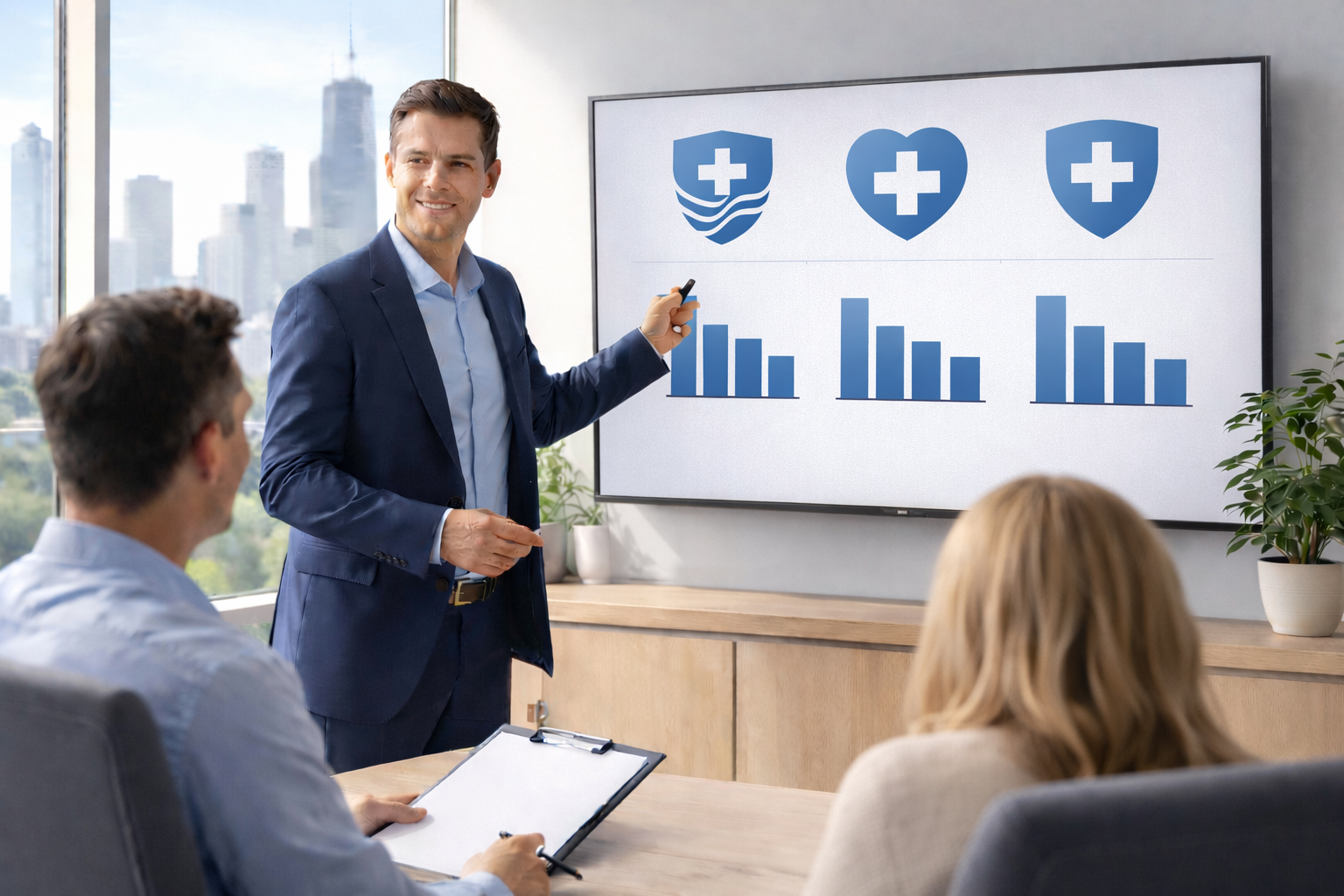 Professional broker presenting multiple health insurance carrier options to Illinois client in modern office