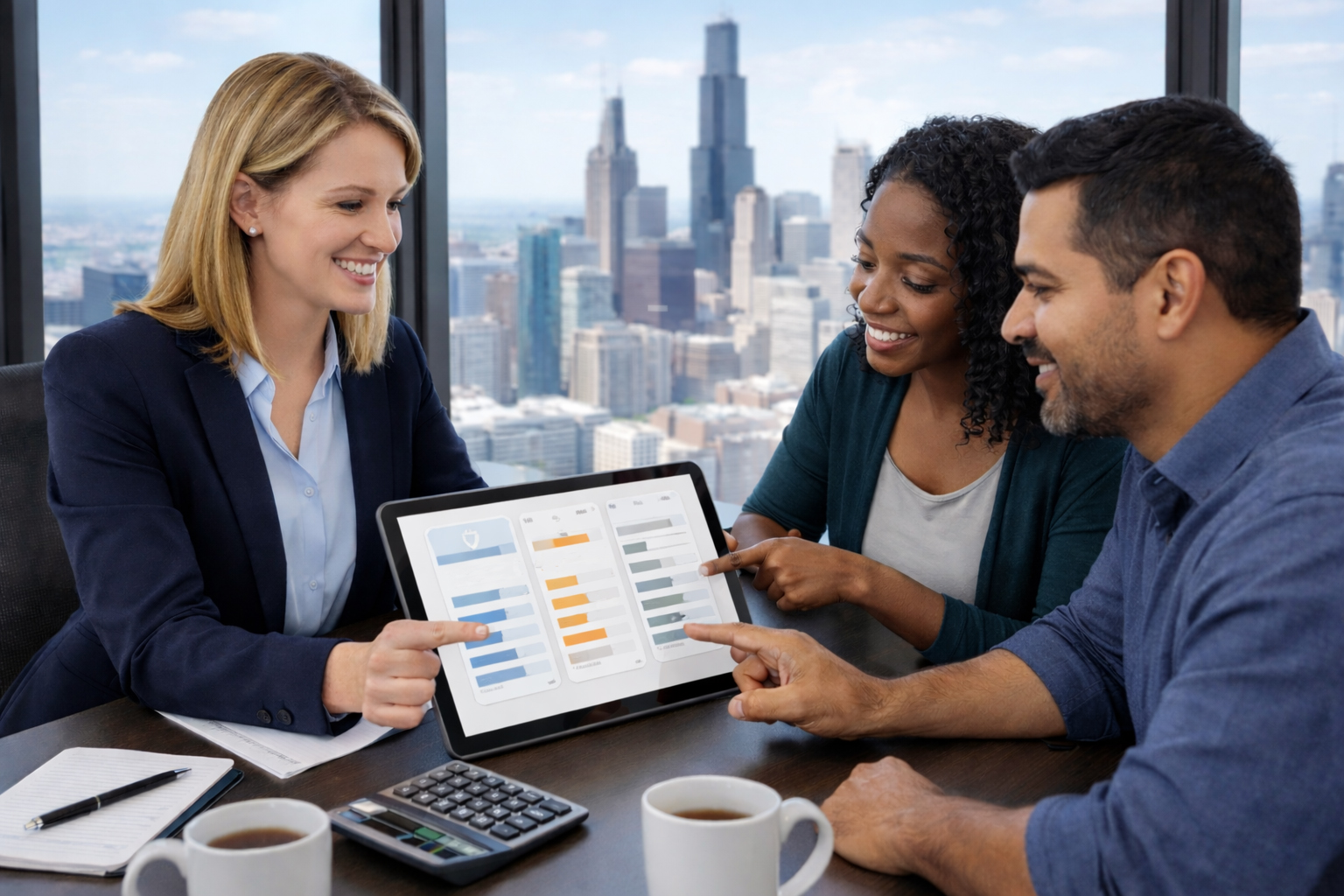 Insurance broker helping Illinois couple compare health insurance quotes from multiple carriers on tablet