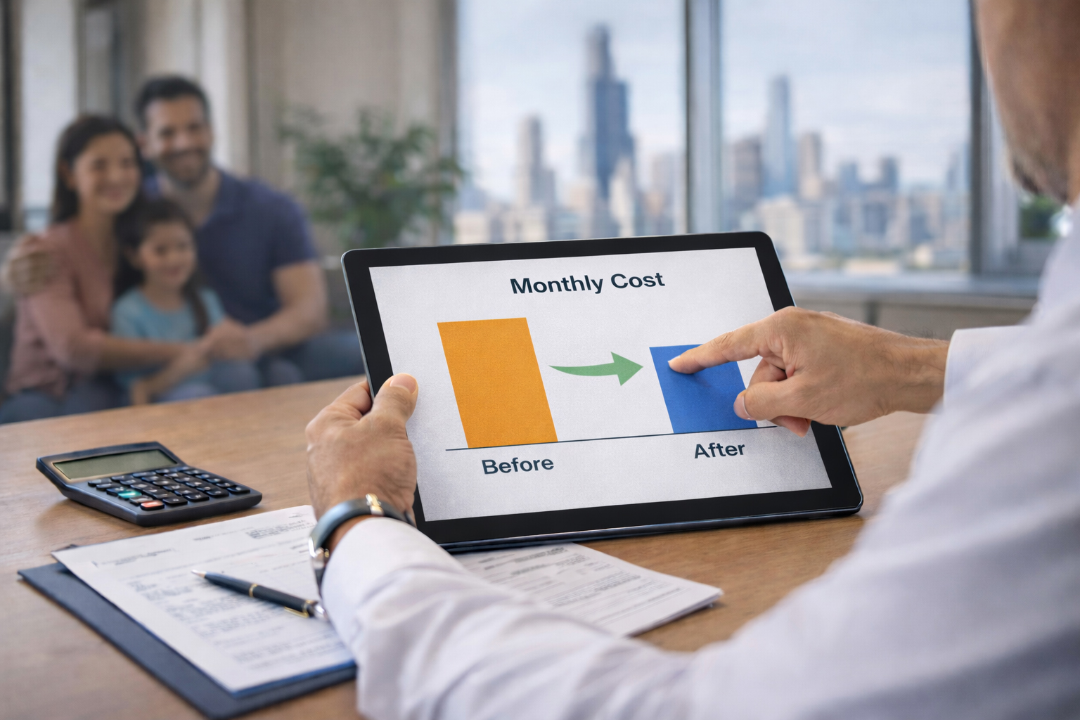 Insurance specialist showing family significant savings through premium tax credit subsidies for Illinois health insurance