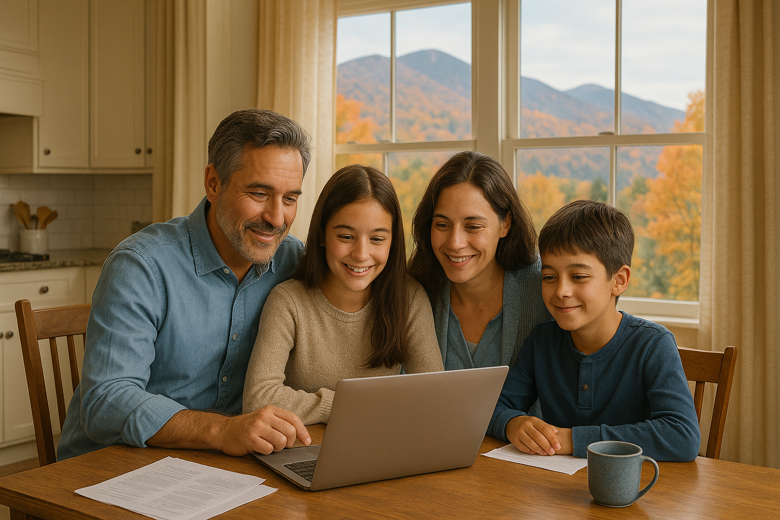 Vermont family reviewing health insurance options together with Green Mountain views