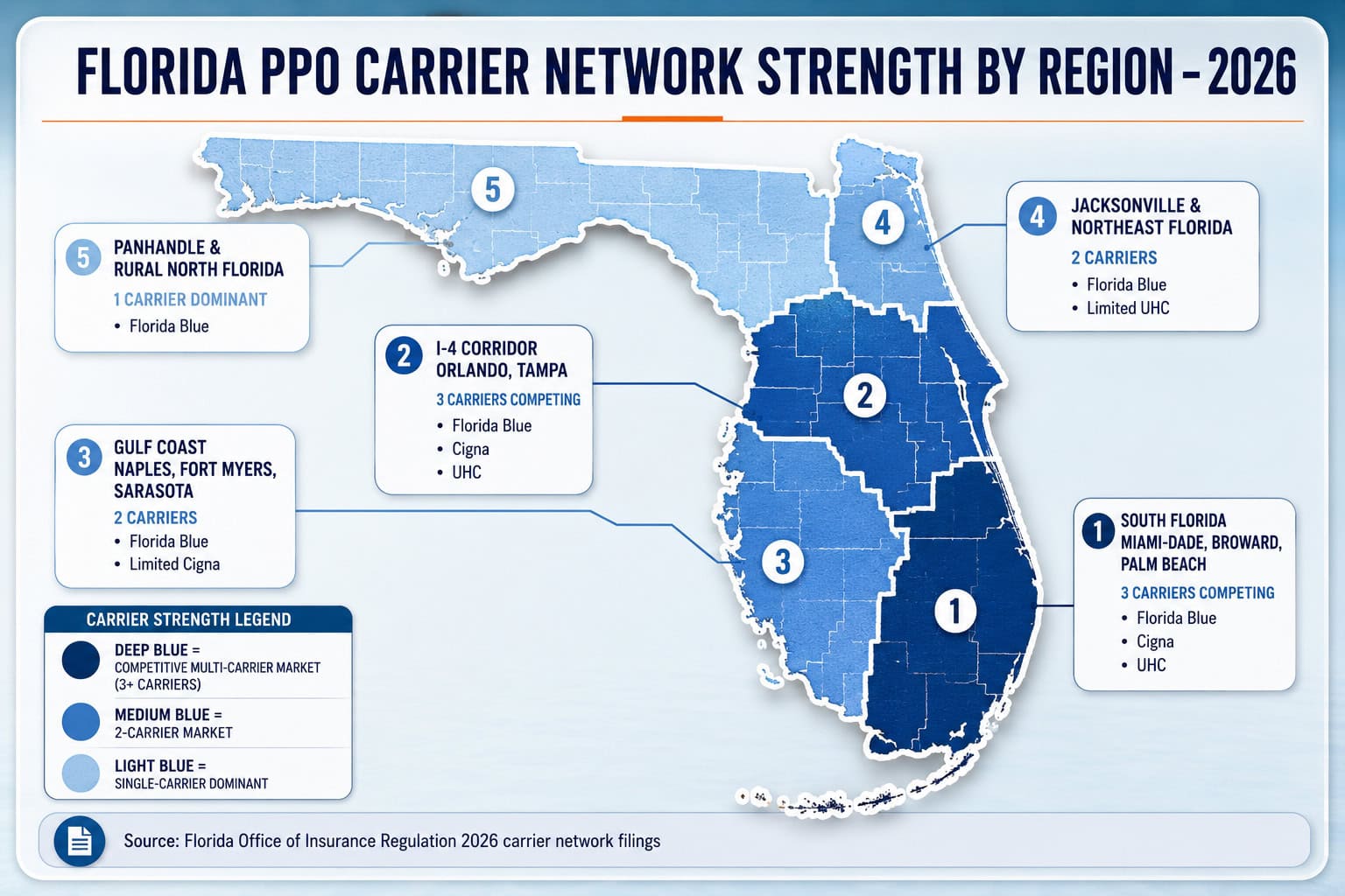 Map of Florida PPO health insurance carriers by region for 2026.