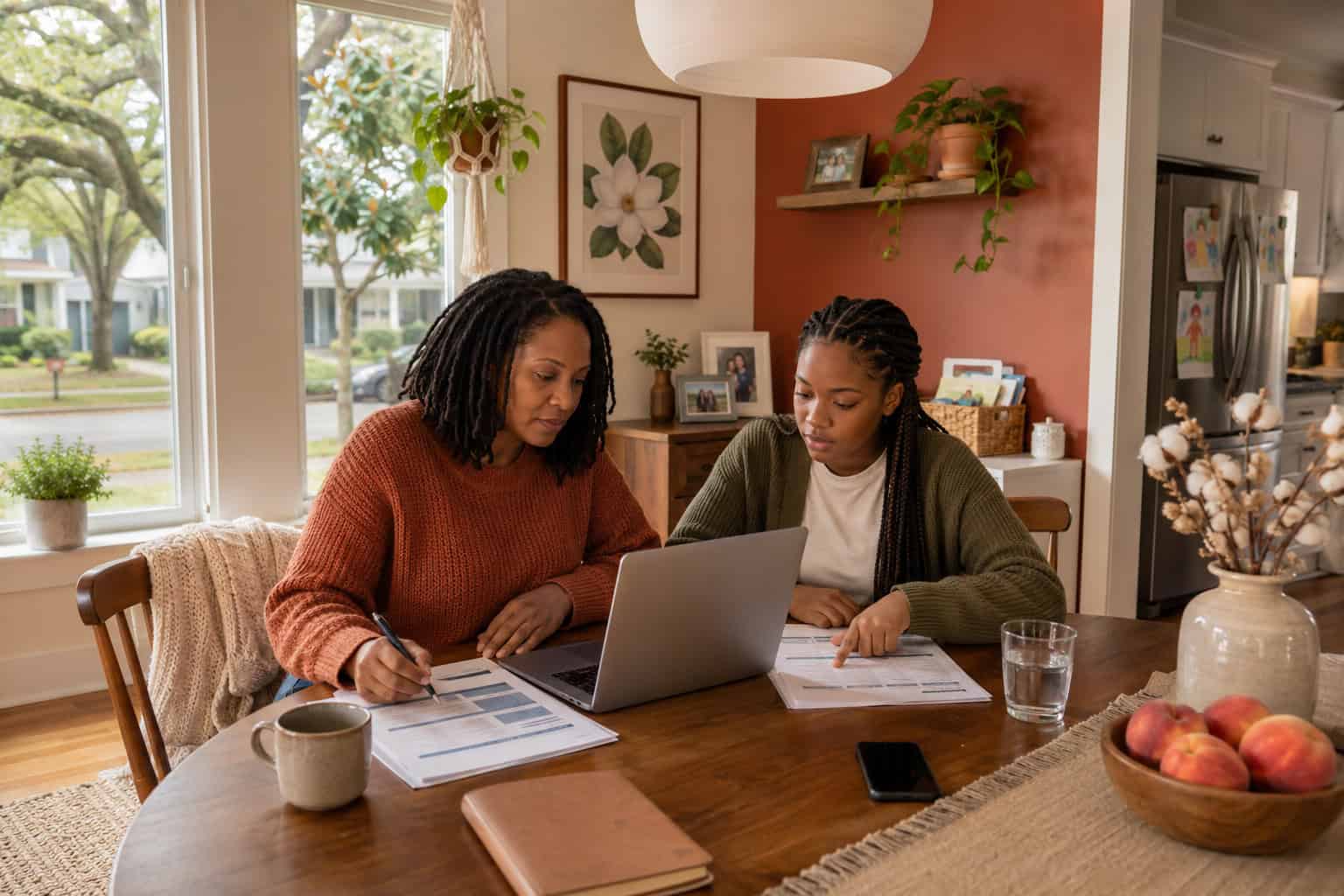 Jackson Mississippi mother and teen daughter reviewing 2026 affordable coverage and subsidy options at the dining table
