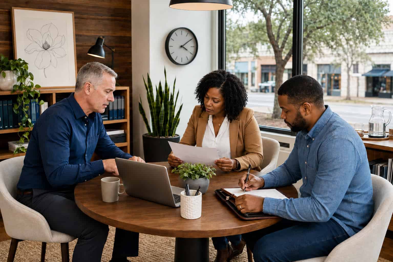 Hattiesburg Mississippi couple consulting a licensed agent who compares 2026 carrier options at an office meeting table
