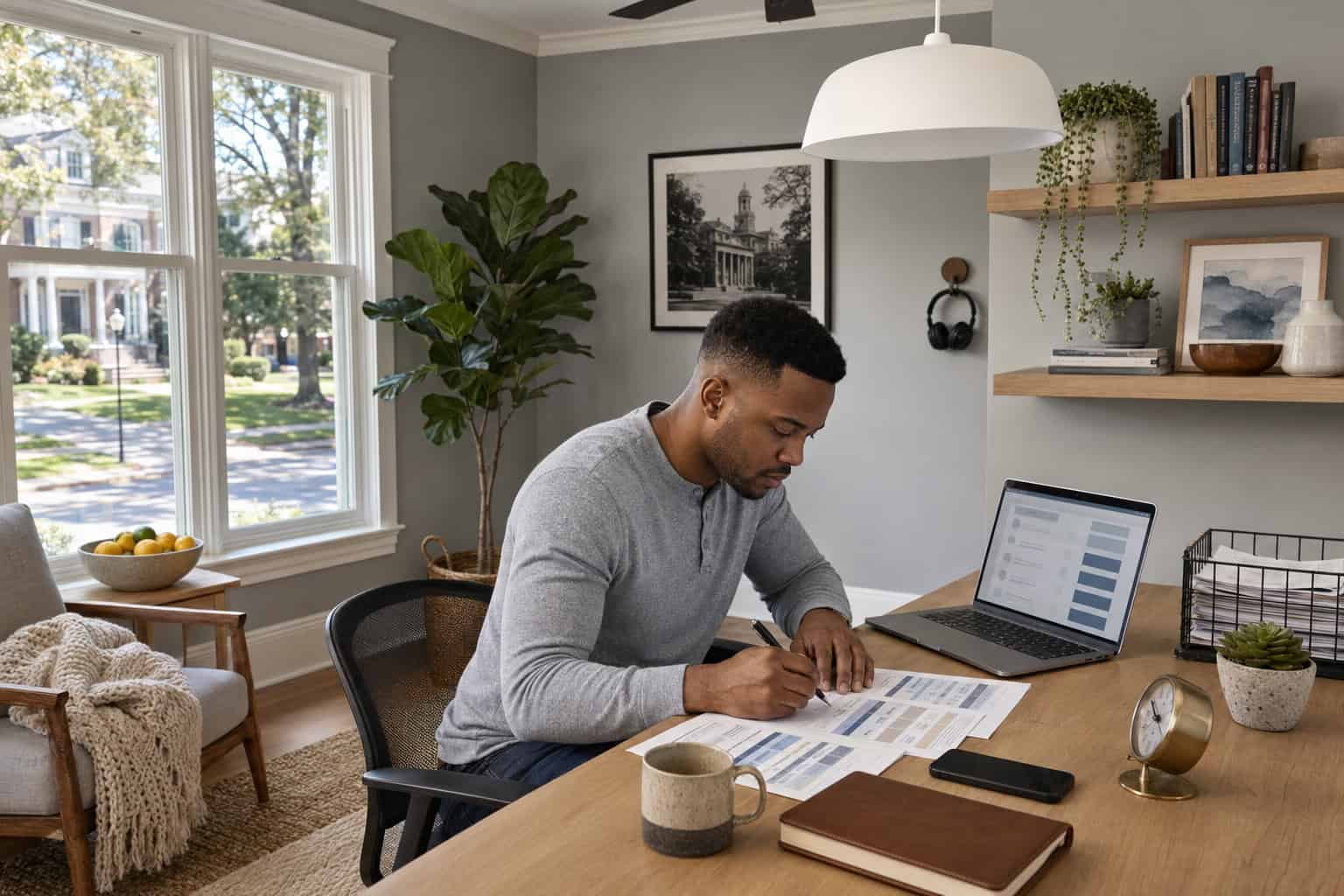 Oxford Mississippi freelance professional at a home-office desk reviewing 2026 individual health insurance plan options