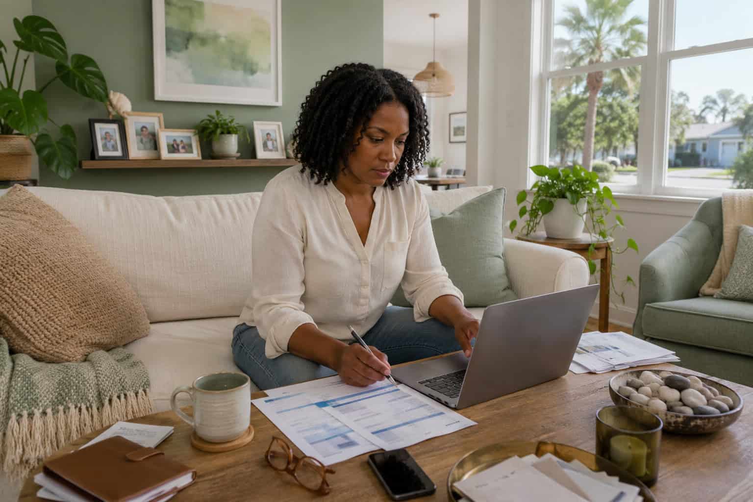 Gulfport Mississippi resident comparing 2026 HealthCare.gov marketplace plans on a laptop from her living room sofa