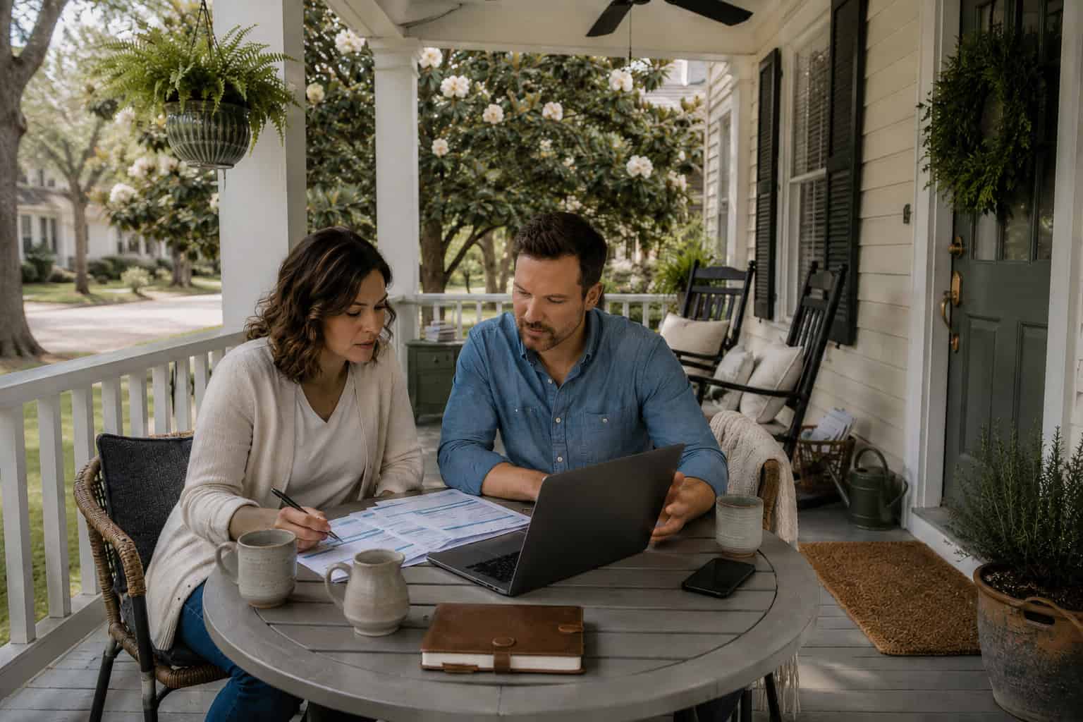 Jackson Mississippi couple reviewing 2026 health insurance options on a laptop from their front porch on a sunny morning