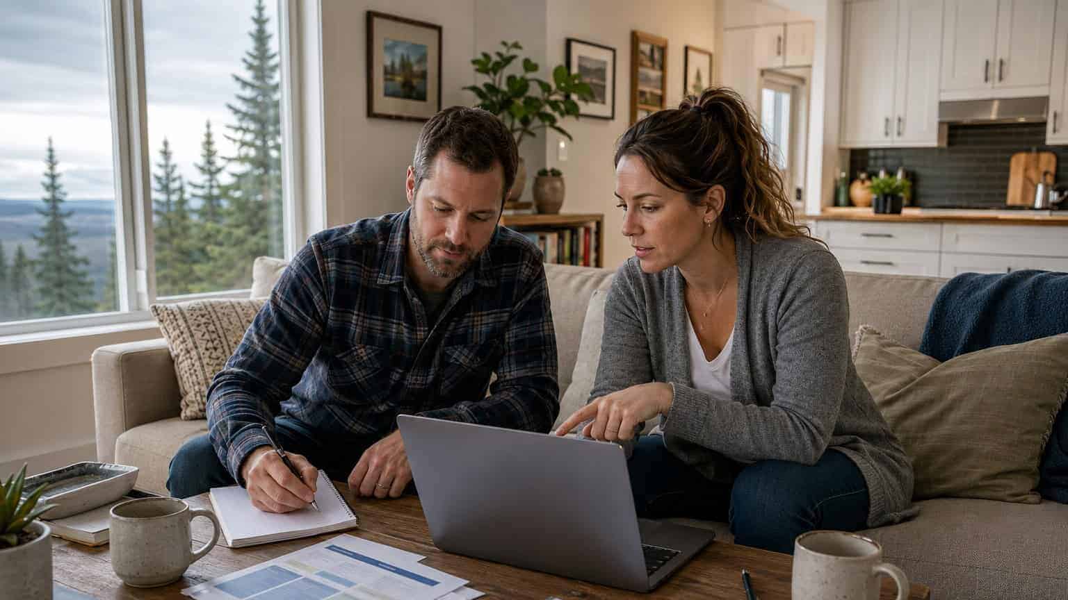 Alaska couple reviewing 2026 Premera and Moda health insurance plan options on a laptop in their Anchorage living room