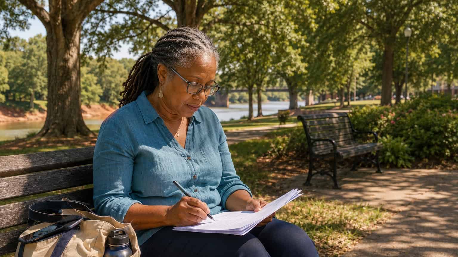 Alabama woman reviewing affordable health insurance options on a park bench in Tuscaloosa on a sunny afternoon