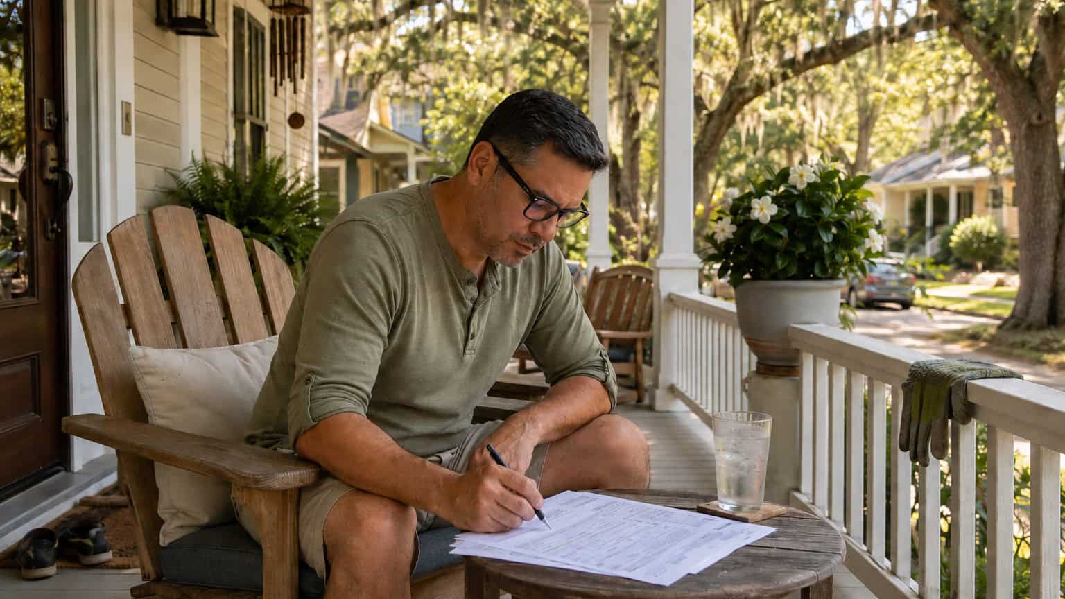 Alabama man reviewing health insurance plan options on a Mobile home porch on a warm afternoon in 2026