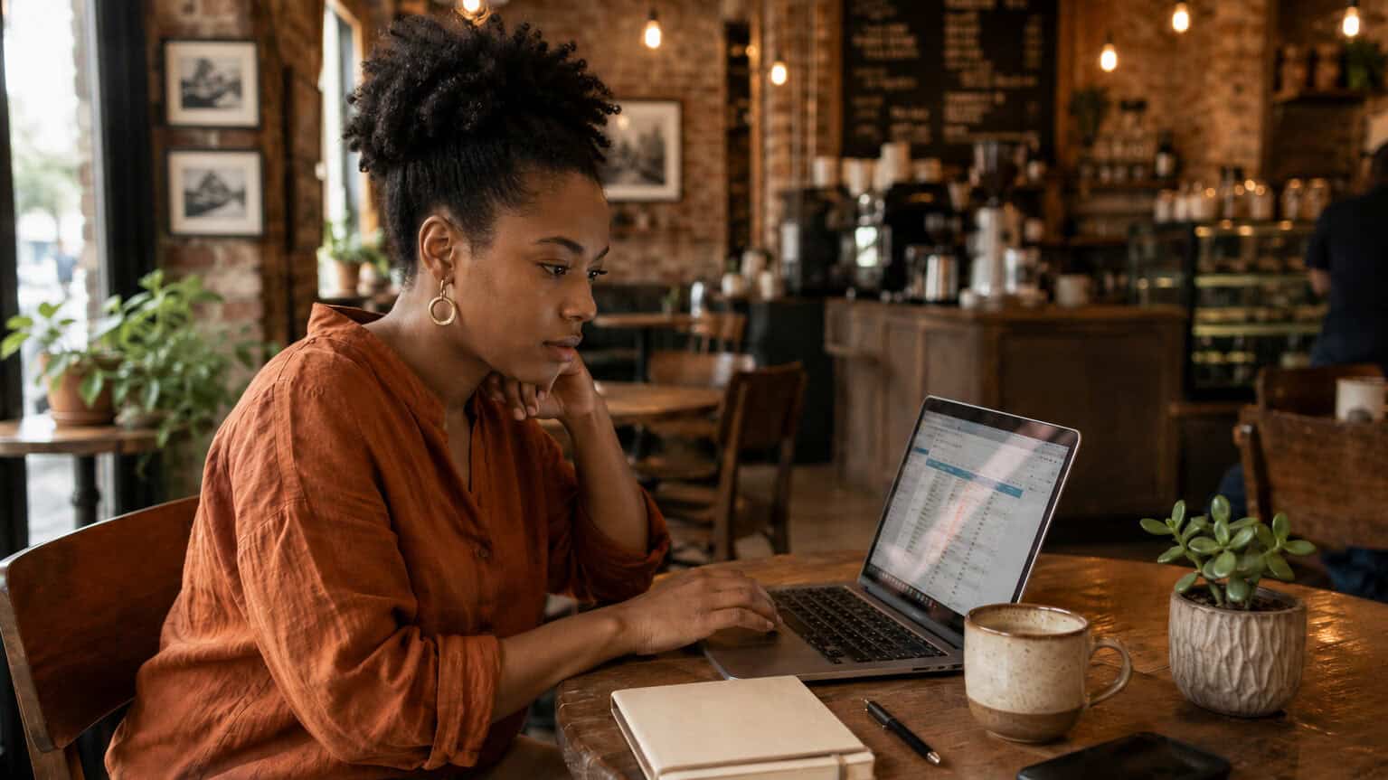 Self-employed Alabama freelancer reviewing individual health insurance options at a Birmingham coffee shop in 2026