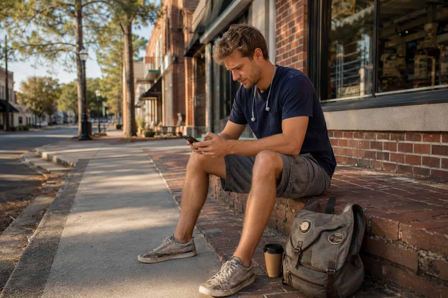 Young Alabama man reviewing short-term health insurance options on his phone while sitting outdoors in Auburn in 2026