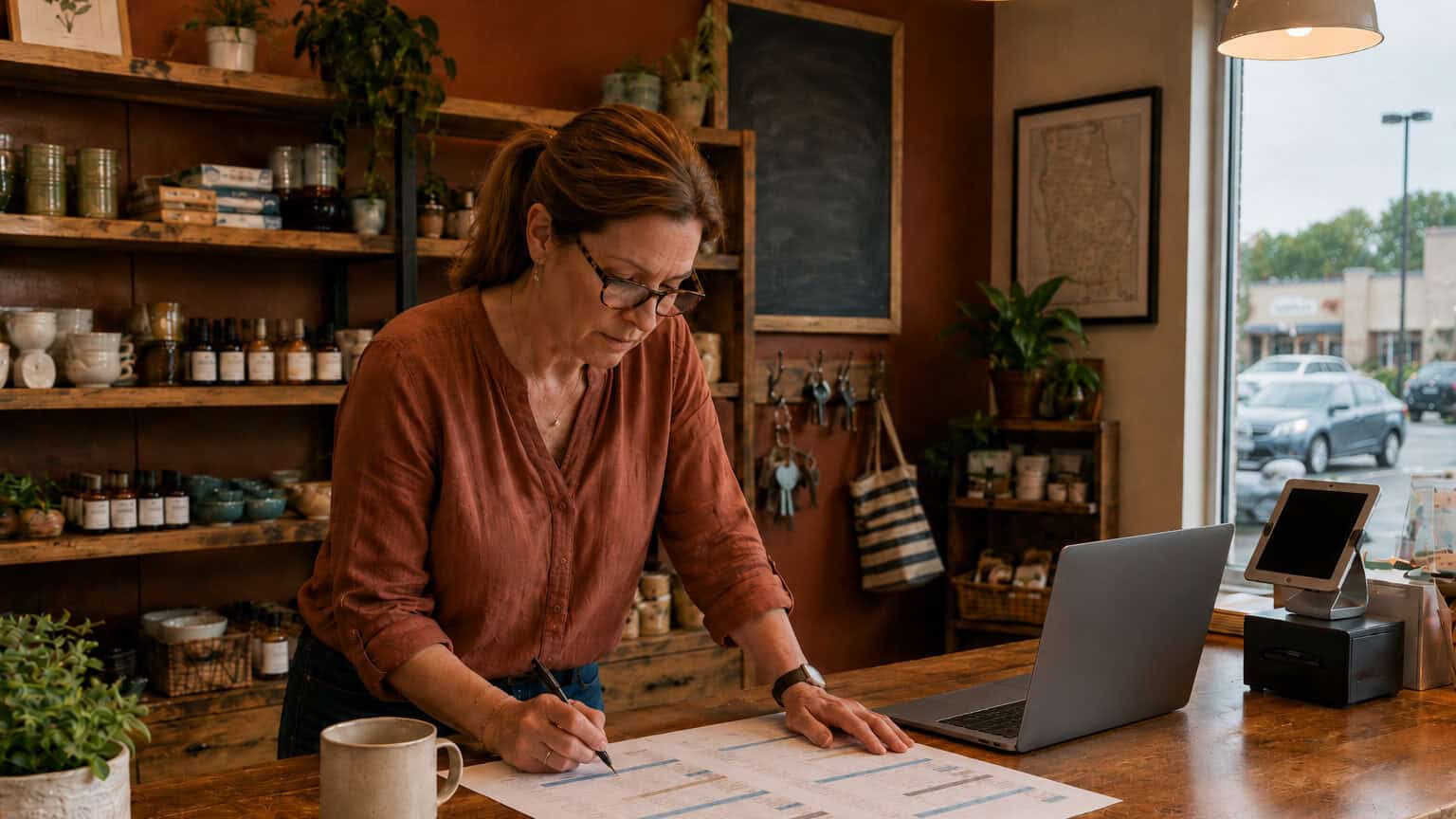 Alabama small business owner reviewing group health insurance plan options at her shop counter in Dothan in 2026
