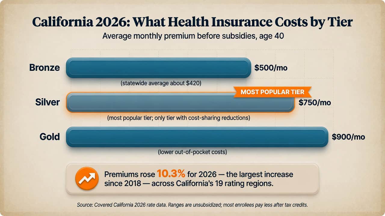 California 2026 average monthly health insurance premiums by metal tier for a 40-year-old: Bronze, Silver, and Gold ranges before subsidies
