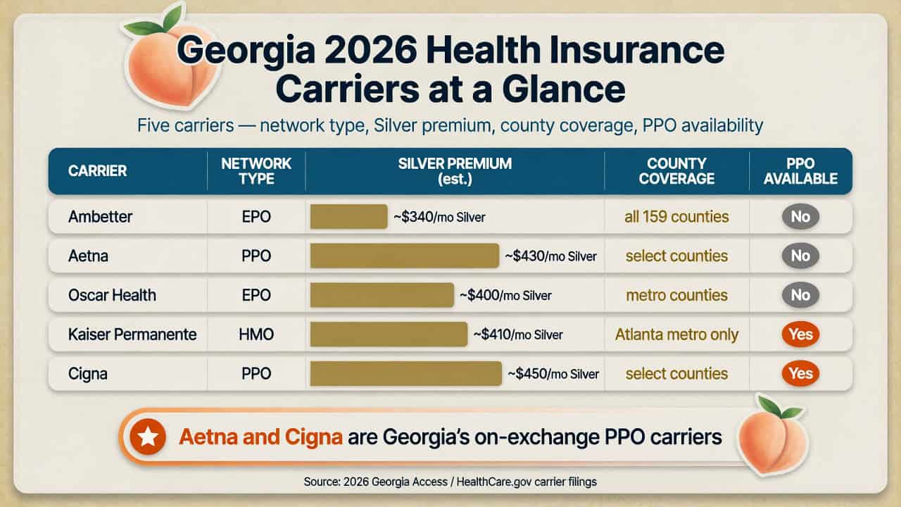 Georgia 2026 health insurance carrier comparison — network type, Silver premium, county coverage, and PPO availability
