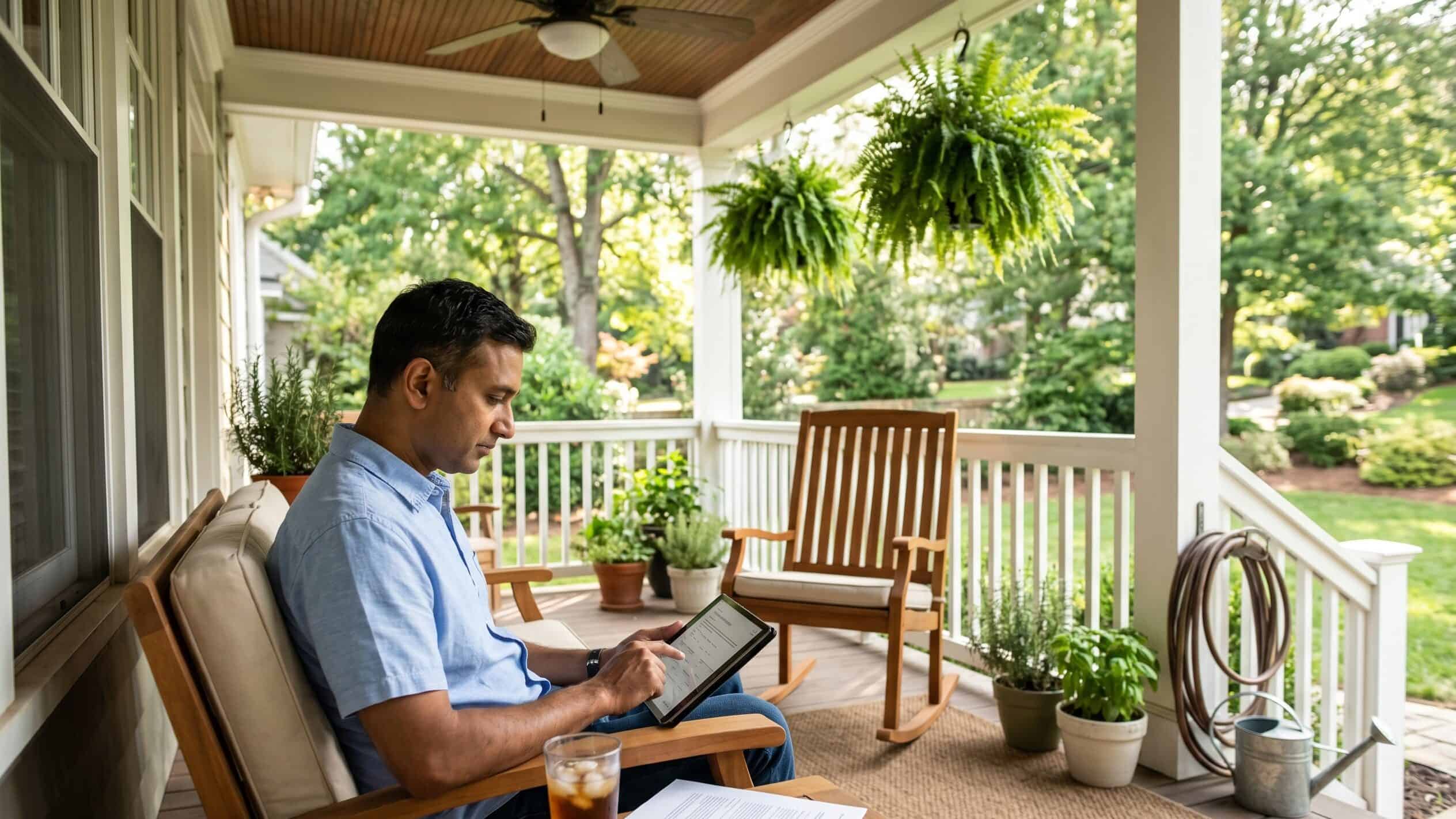 Georgia resident comparing 2026 health insurance carriers on a tablet on the back porch of a Decatur, Georgia home