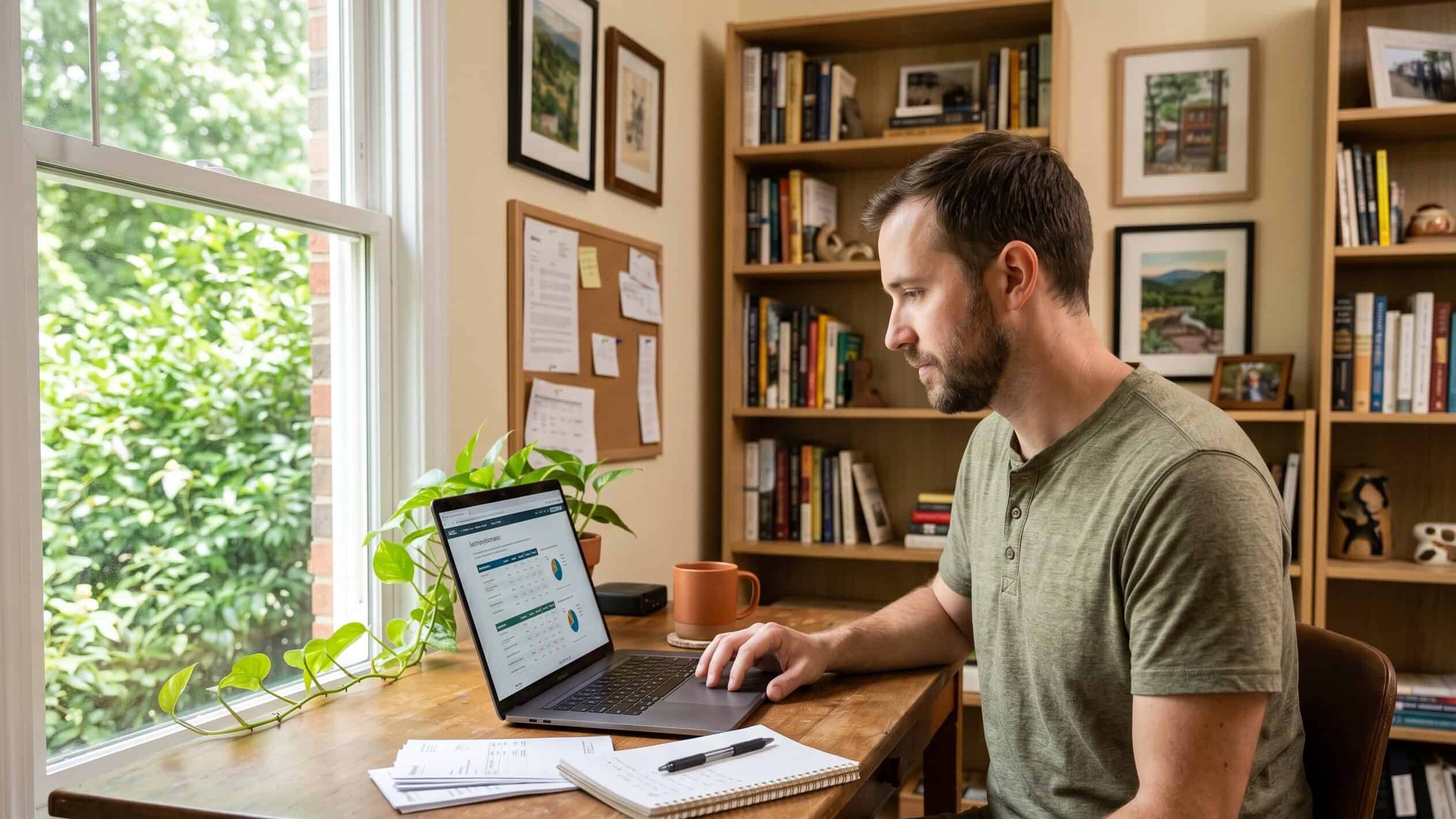 Self-employed Georgia resident reviewing 2026 individual health insurance options at a home-office desk in Athens, Georgia