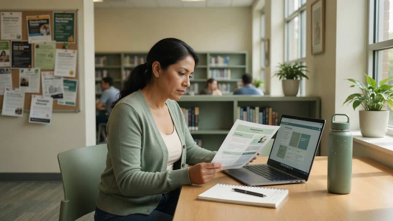 Georgia resident reviewing 2026 marketplace plan options on a laptop at a public library table in Augusta, Georgia