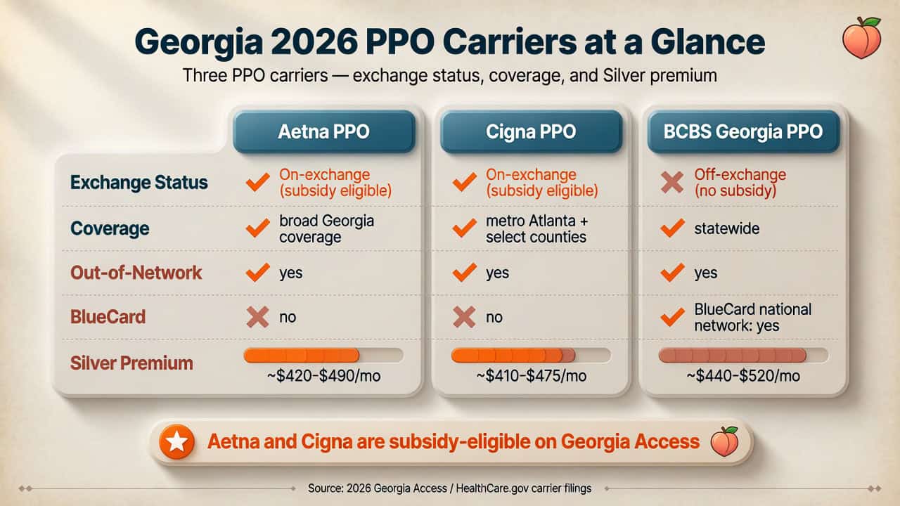Georgia 2026 PPO carrier comparison — Aetna, Cigna, and BCBS Georgia by exchange status, coverage, and Silver premium