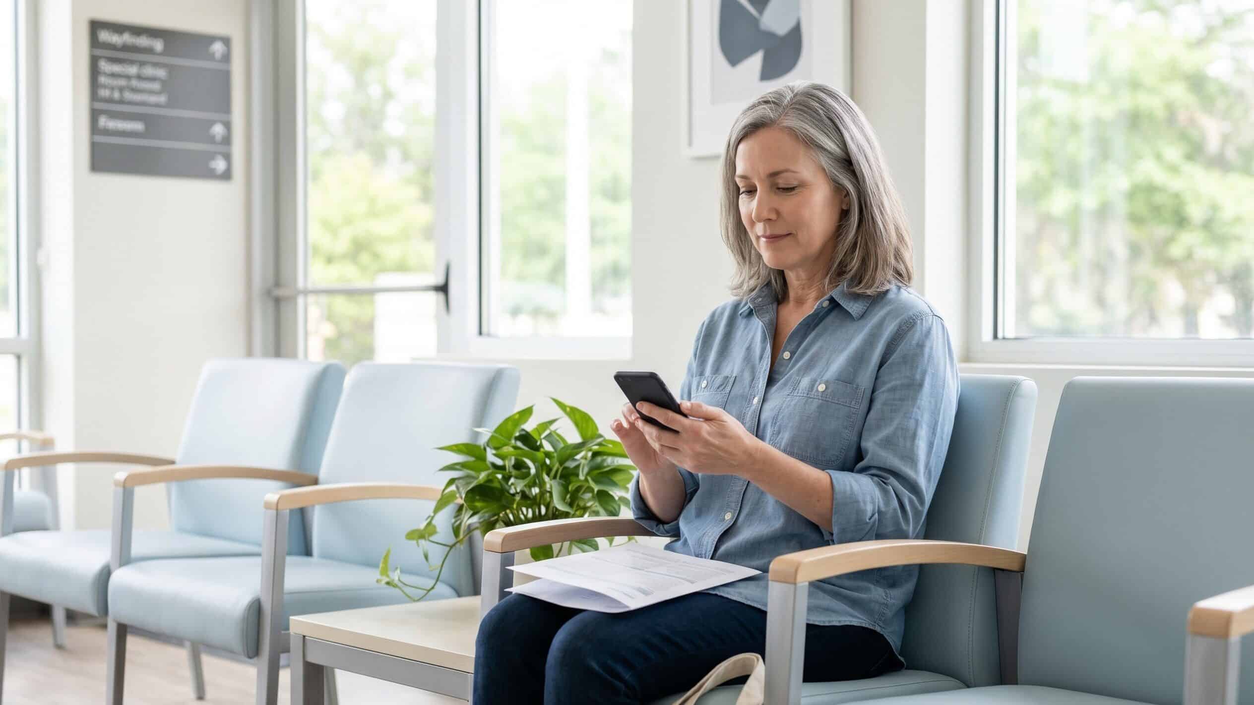 Georgia resident reviewing 2026 PPO plan options on her phone in a modern specialist clinic waiting area in Savannah, Georgia