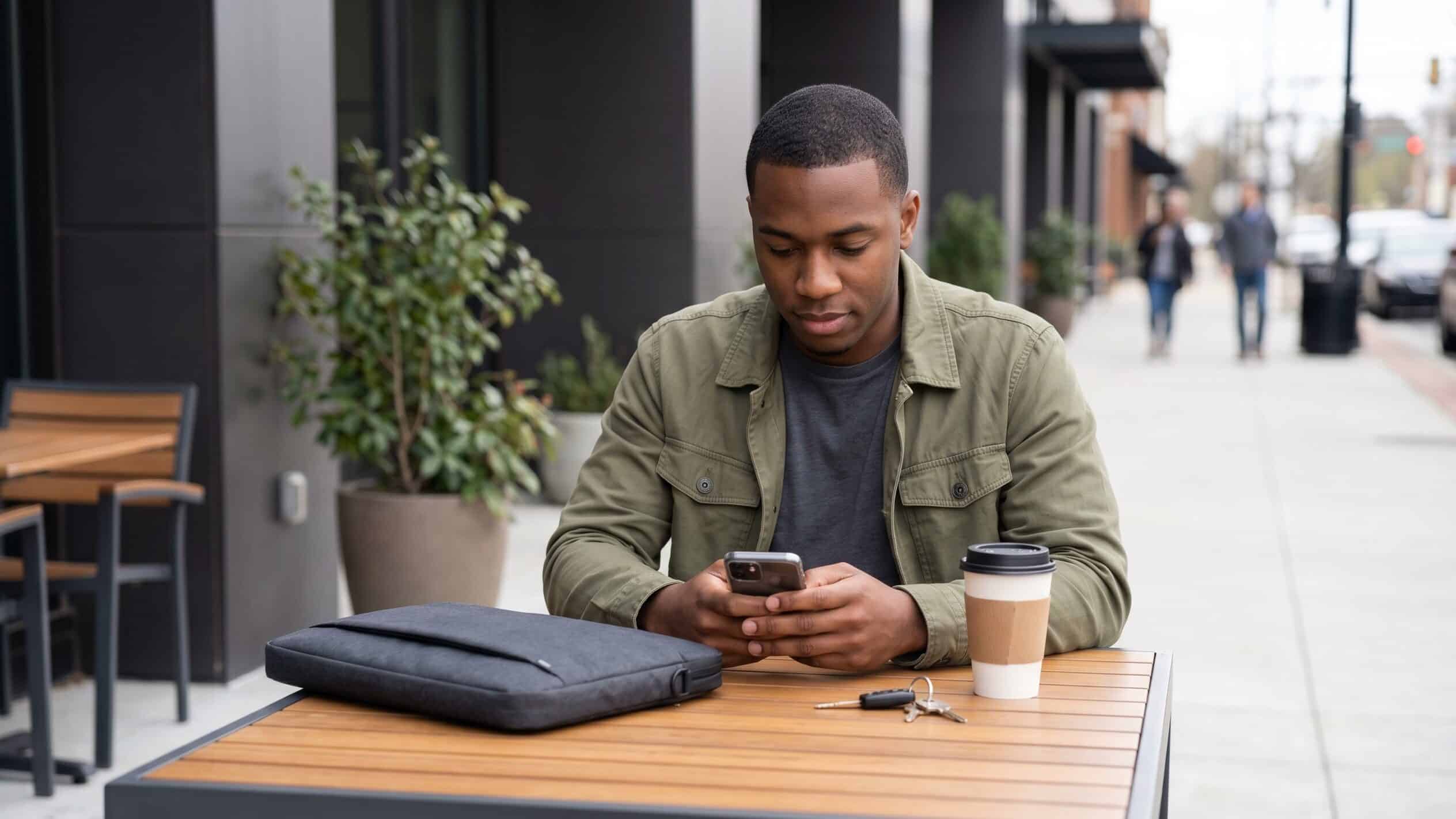 Young Georgia resident between jobs checking 2026 short-term health insurance options on a phone at an outdoor cafe in Columbus, Georgia