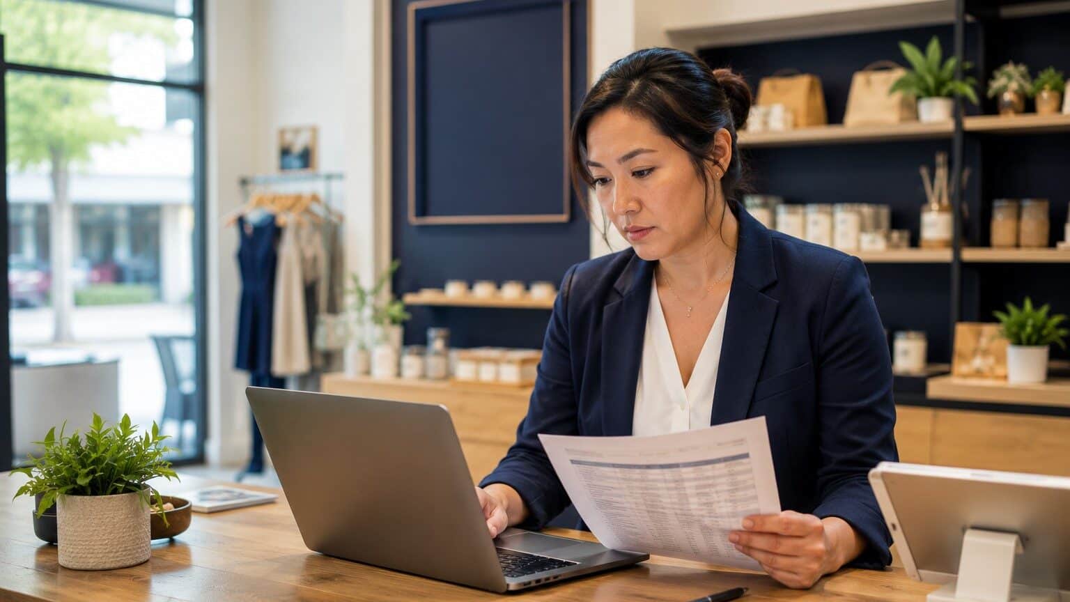 Georgia small business owner reviewing 2026 group health insurance options at her shop counter in Marietta, Georgia