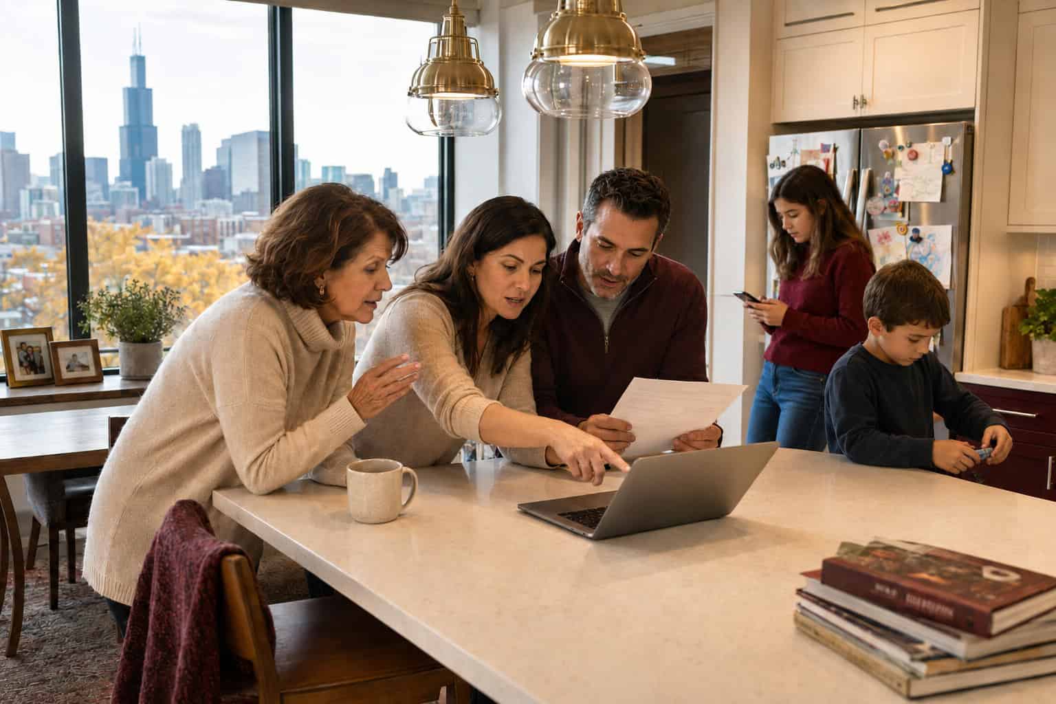 Multigenerational Illinois family at a kitchen island reviewing 2026 health insurance options with Chicago skyline beyond